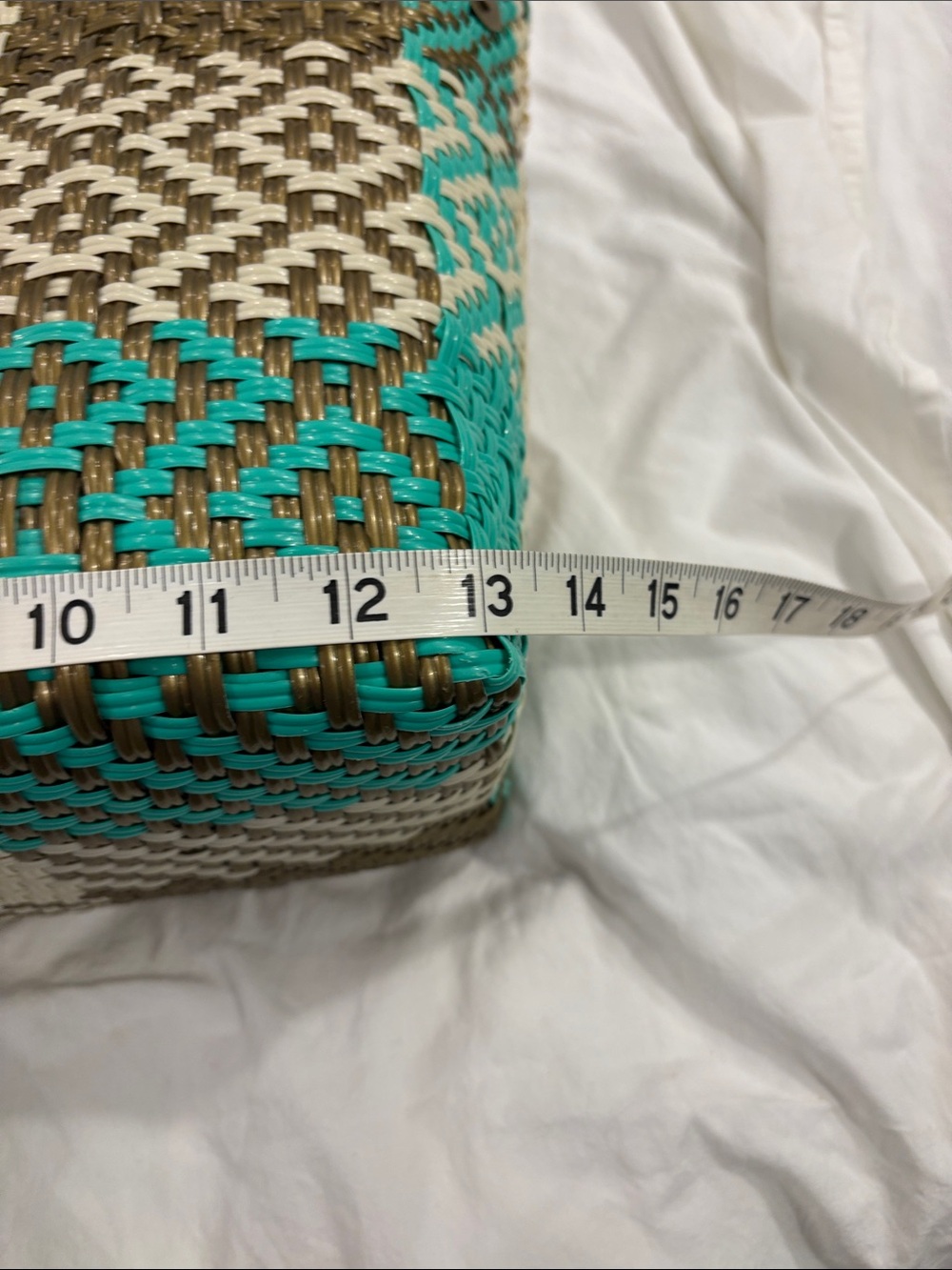 Woven Straw Tote Bag in Turquoise, Cream & Brown - Picture 5 of 6
